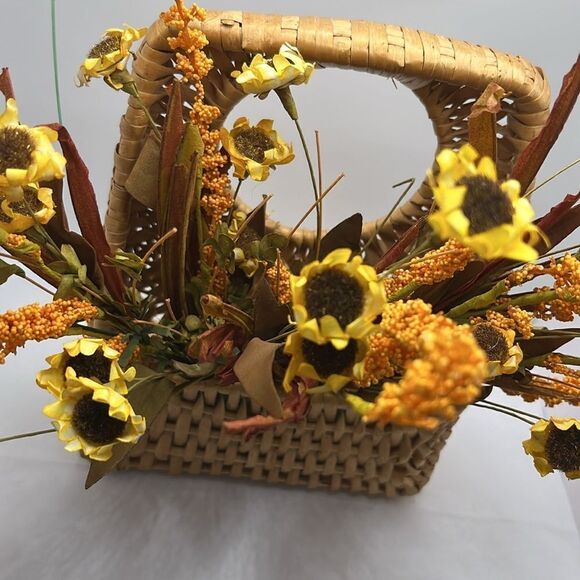 Farmhouse Woven Door Knob Irregular Basket with Faux Fall Autumn Flowers - Picture 4 of 13